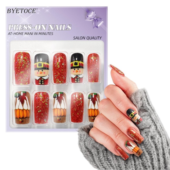 Press on Nail Thanksgiving Day Medium Coffin False Nails Glitter Orange Acrylic - Picture 2 of 6